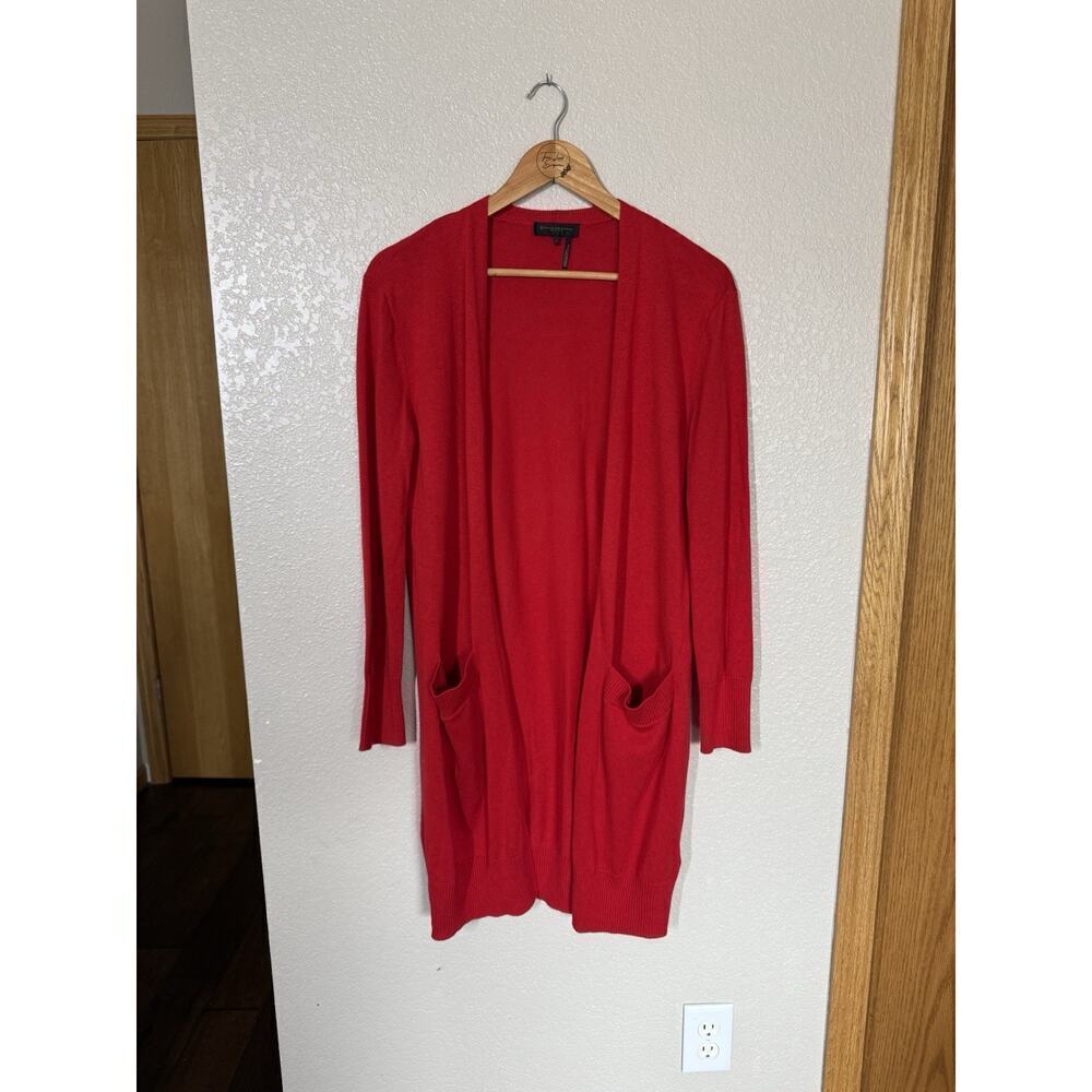 Donna Karan Red Longline Cardigan Sweater Small Silk Wool Blend Open Front